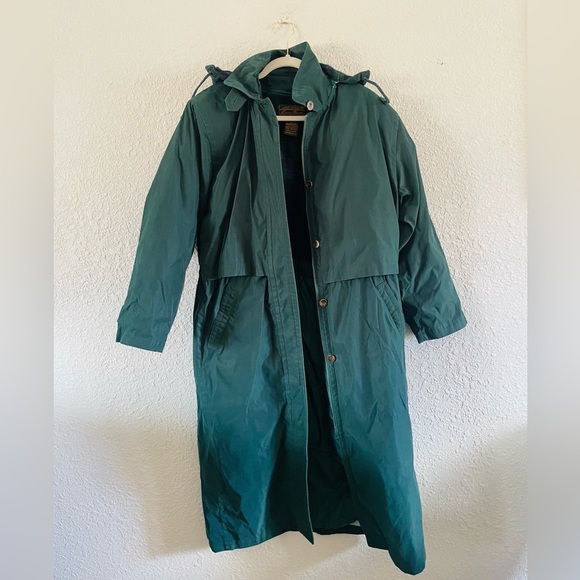 Vintage 90s Eddie Bauer Wool Lined Down Insulated Puffer Trench Coat in Green - Picture 1 of 15